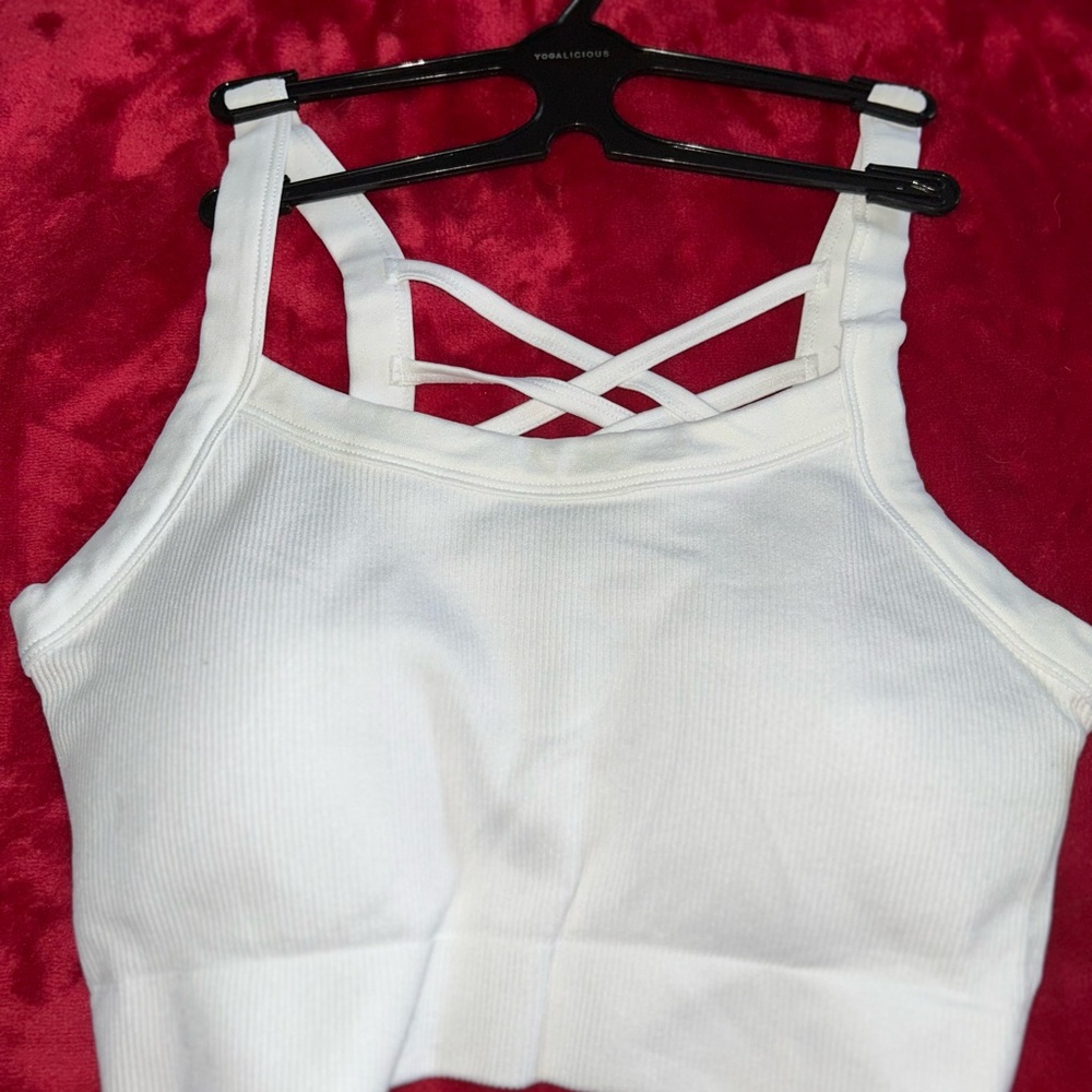 Yogalicious White Ribbed Crop Top with Crisscross Straps